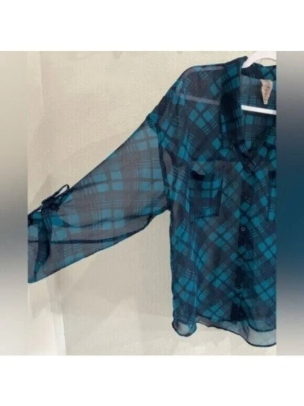Free People Plaid Oversized Top Semi Sheer Blue Country Cowgirl